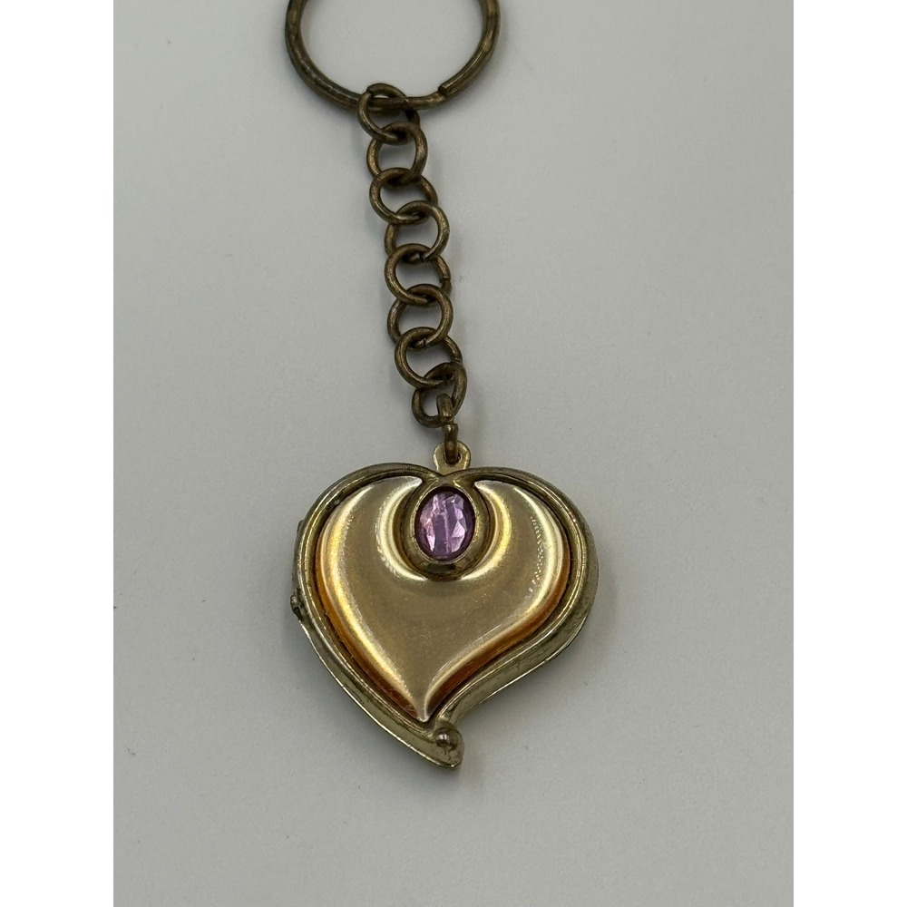 Vintage Style Gold Tone Heart Locket‎ Keychain Purple Rhinestone Portrait